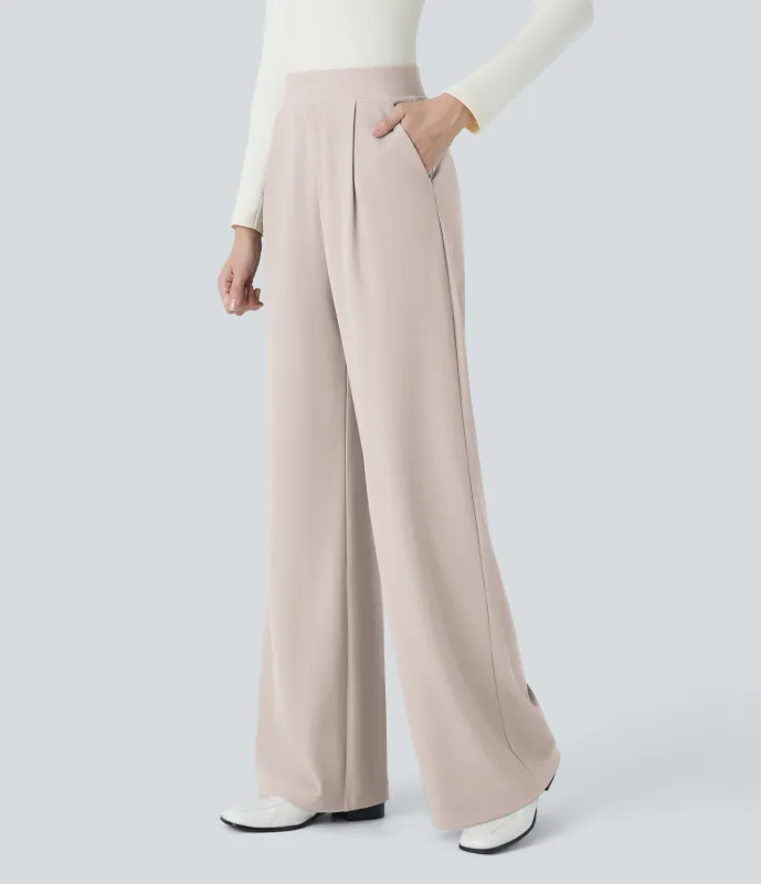 Halara Pantalón Halara Flex™ oficina tiro alto control abdomen adelgazan tiro bolsillo lateral pierna ancha micro gofre - Oat Milk - M(regular) sold by Halara