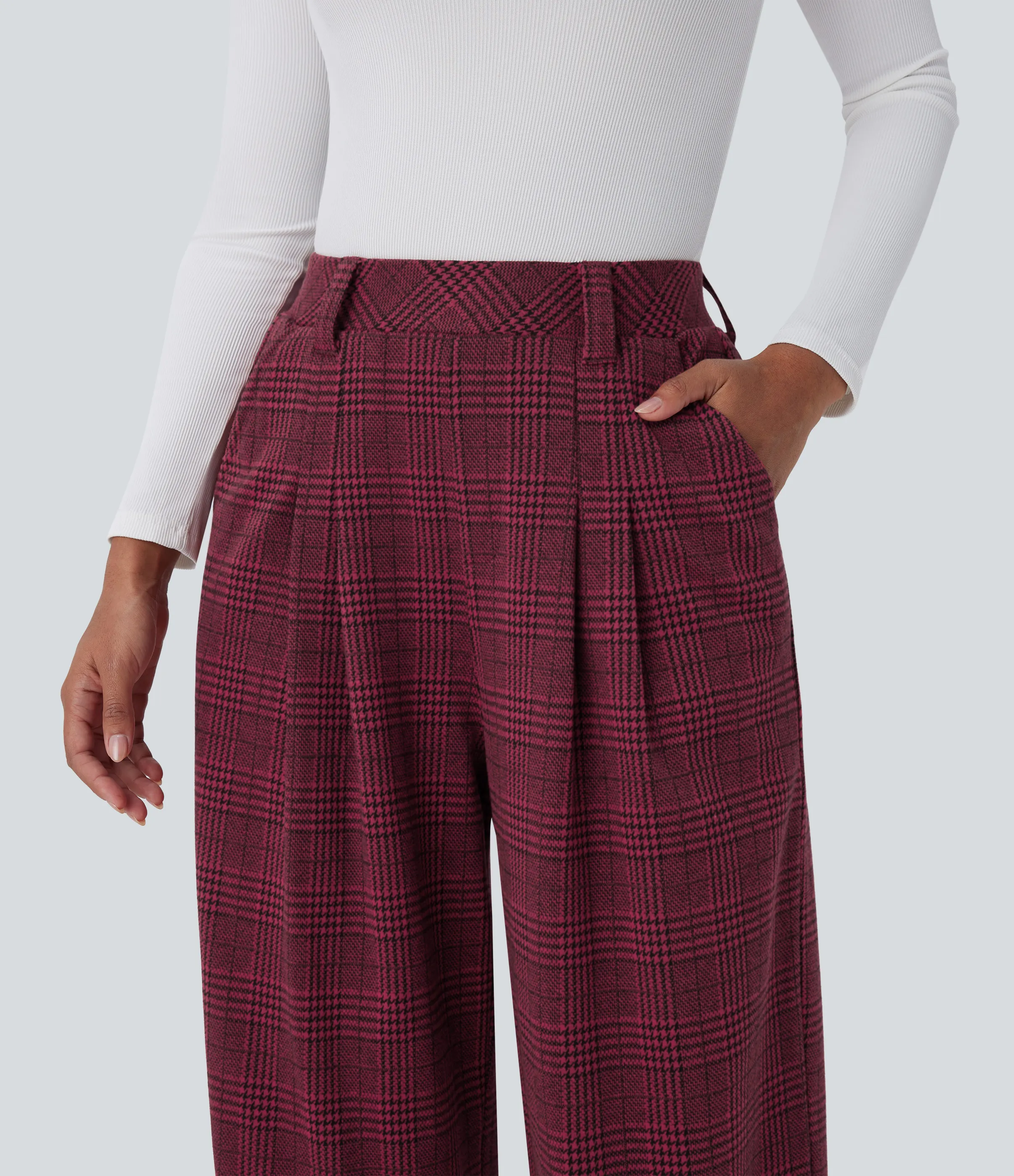 Halara Pantalón tiro alto bolsillo lateral pierna ancha estampado pata gallo - Burgundy Houndstooth Pattern - S(regular) sold by Halara product image thumbnail 5