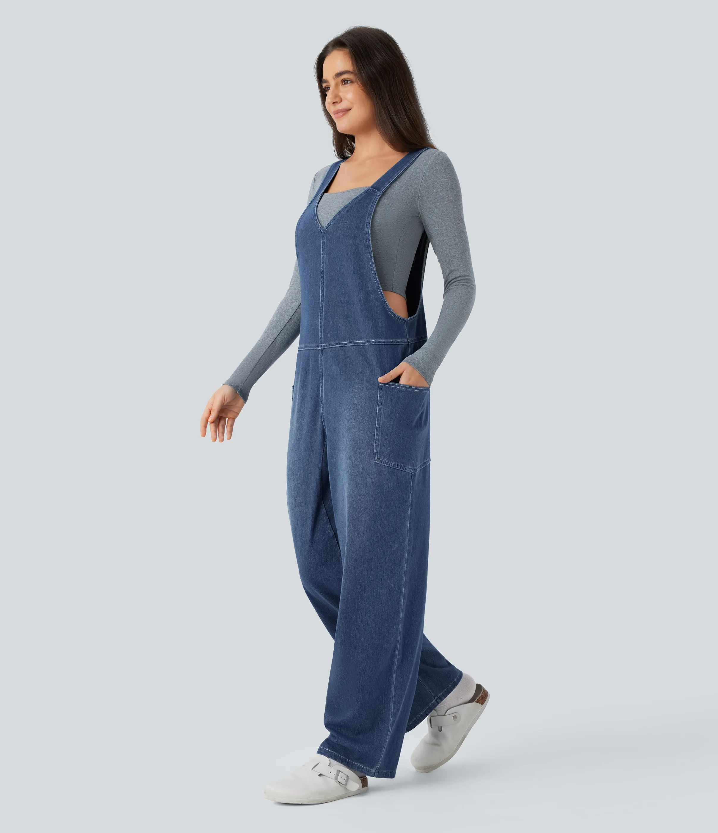 Halara Overol Halara Flex™ Denim mezclilla elástico lavado bolsillo lateral cuello V - Frost Blue Denim - S(tall) sold by Halara product image thumbnail 4