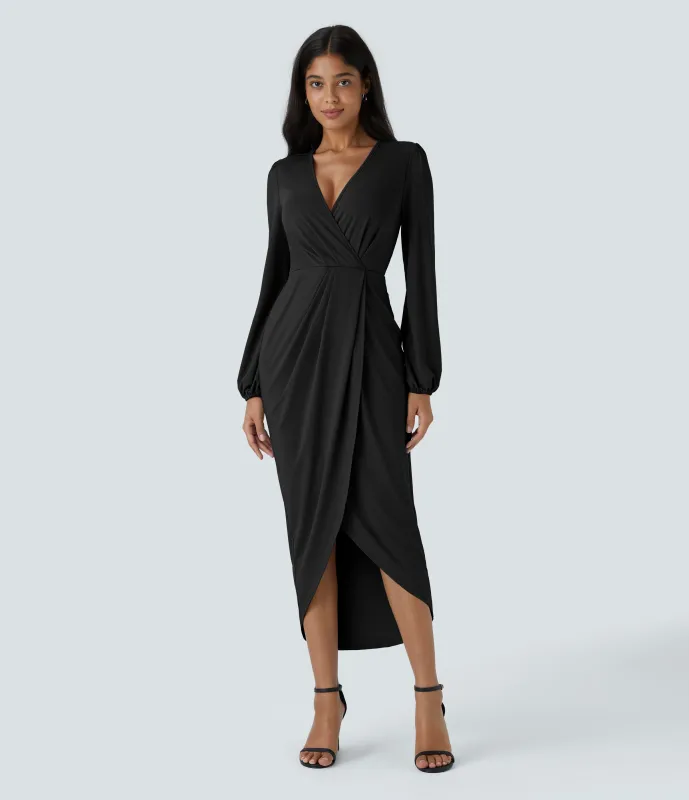 Halara Vestido fiesta midi cuello V manga larga dobladillo tulipán plisado - Black - M sold by Halara