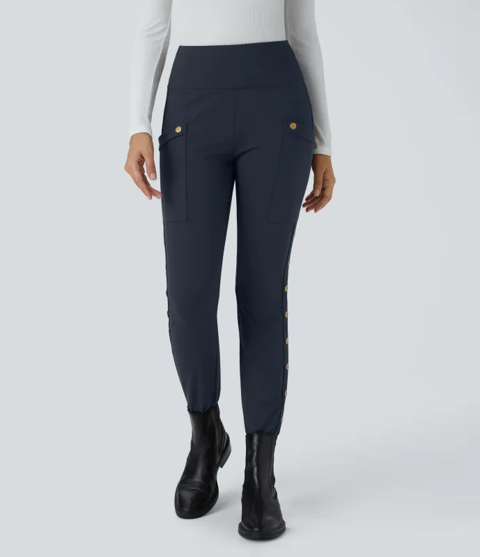 Halara Pantalón ajustado hasta tobillo bolsillo lateral botón decorativo tiro alto - Midnight Blue - M(regular) sold by Halara