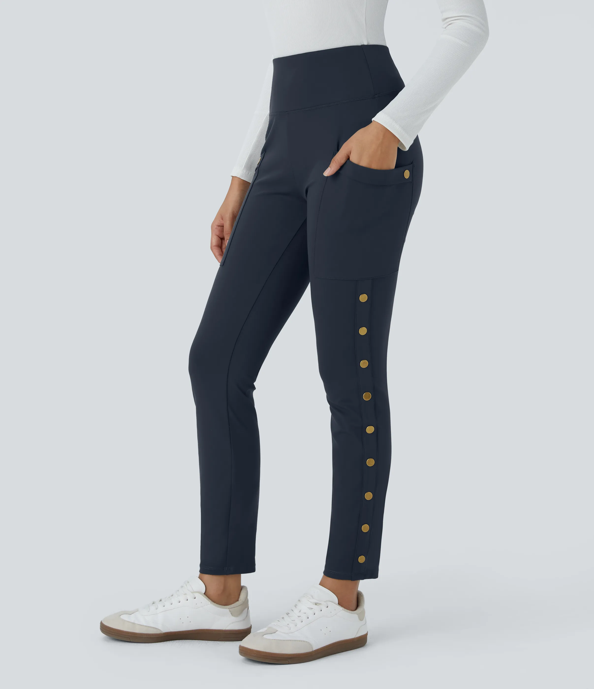 Halara Pantalón ajustado hasta tobillo bolsillo lateral botón decorativo tiro alto - Midnight Blue - M(regular) sold by Halara product image thumbnail 4