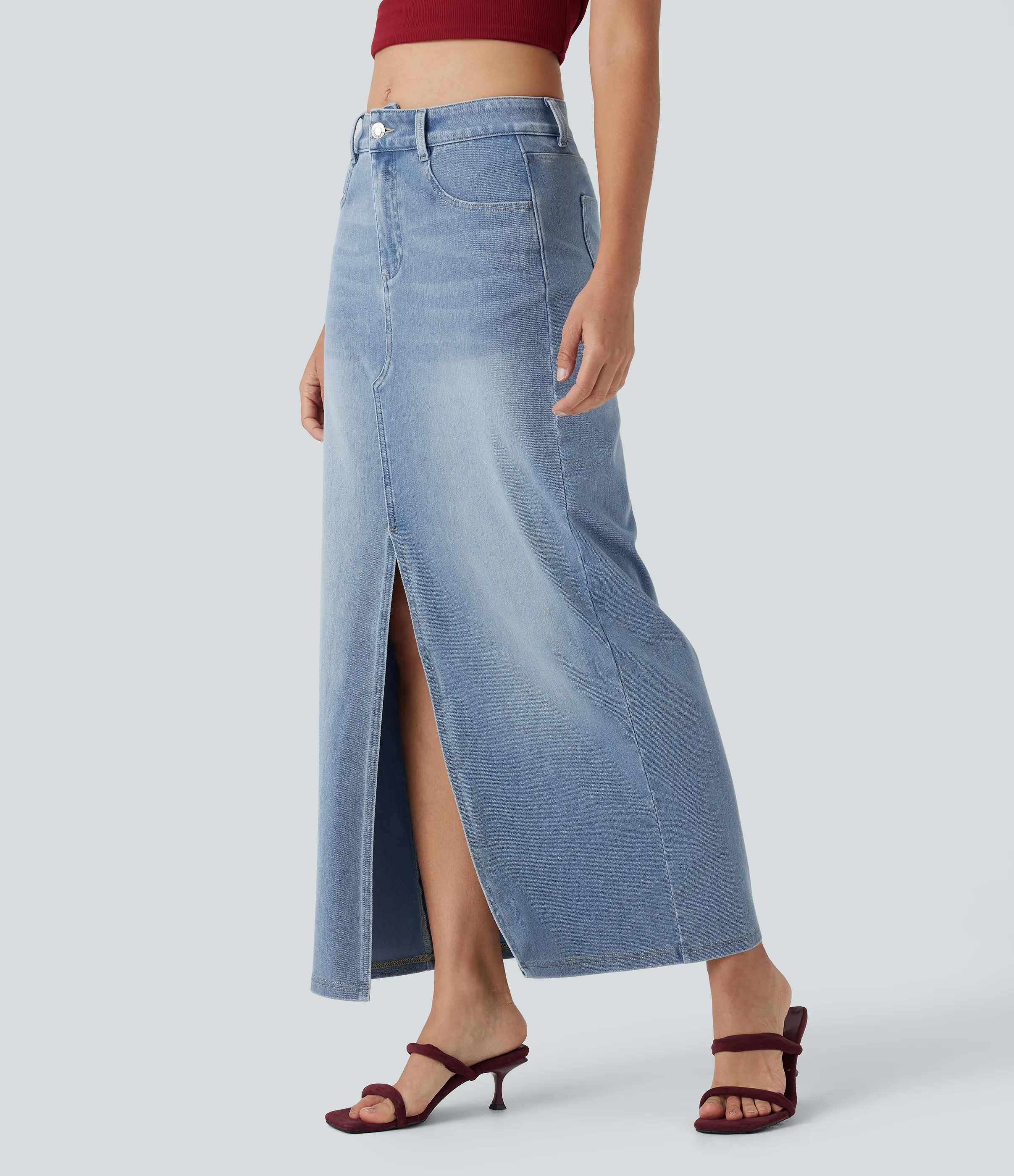 Halara Falda Halara Flex™ Denim elástico lavado abertura múltiple bolsillo tiro medio - Powder Blue Denim - XL(regular) sold by Halara product image thumbnail 4