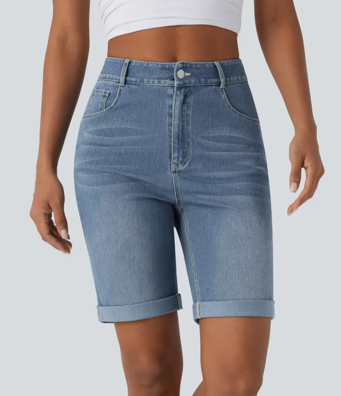 Halara Bermudas Halara Flex™ Denim mezclilla elástico lavado dobladillo enrollado múltiple bolsillo tiro alto - Blue Spruce Denim - S(regular) sold by Halara