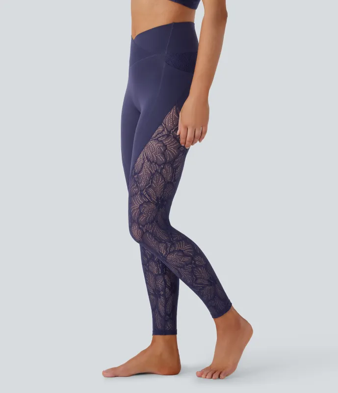 Halara Leggings Softlyzero™ yoga tiro alto bolsillo lateral cruzado encaje contrastante 7/8 - UPF50+ - Peacoat - L(7/8) sold by Halara