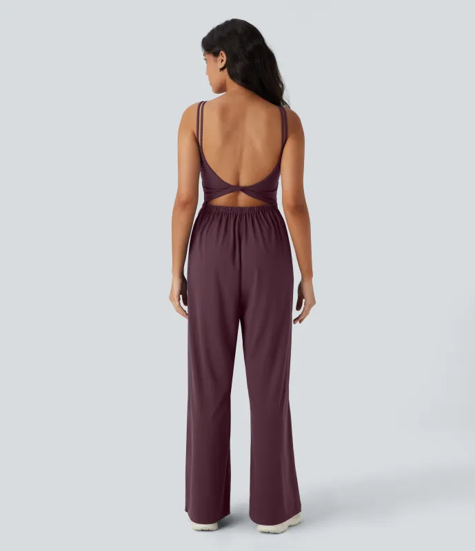 Halara Mono de yoga Softlyzero™ con doble tirante, espalda descubierta torcida, bolsillos laterales y tacto fresco - Edición Easy Peezy - Fig - XS(regular) sold by Halara