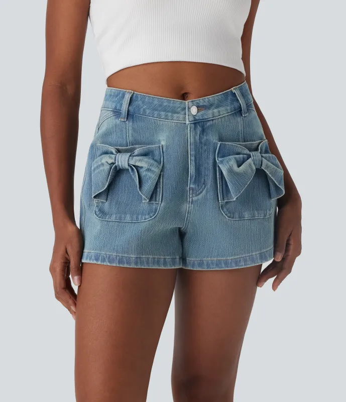 Halara Shorts Halara Flex™ Denim elástico de tiro medio desgastados con cremallera y botones con bolsillo frontal y lazo en longitud 7.5cm  - Cloud Blue Denim - L(regular) sold by Halara