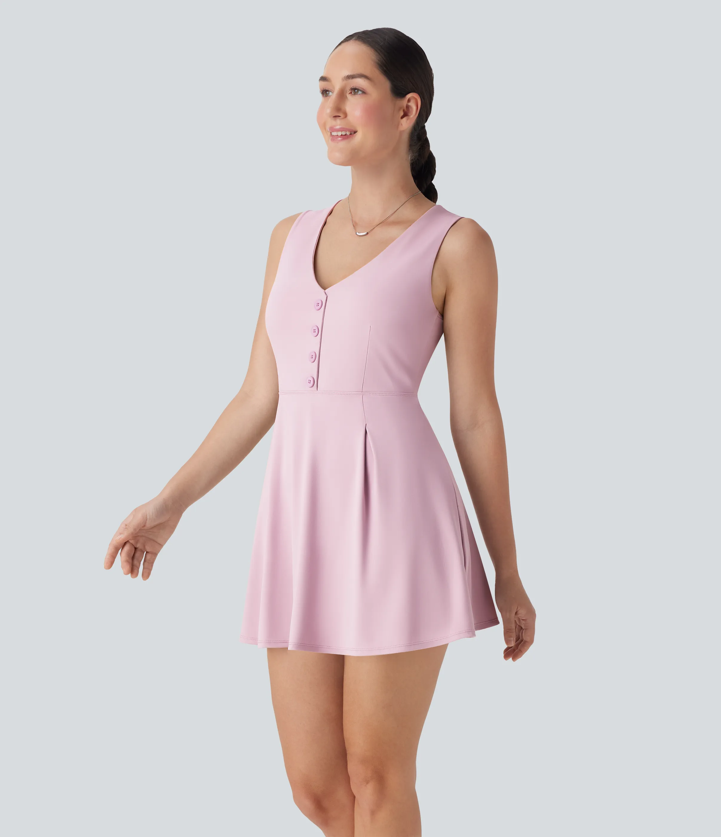 Halara Vestido mini casual de dos piezas con cuello en V sin mangas con botones decorativos y bolsillo - Putty Pink - S sold by Halara product image thumbnail 4
