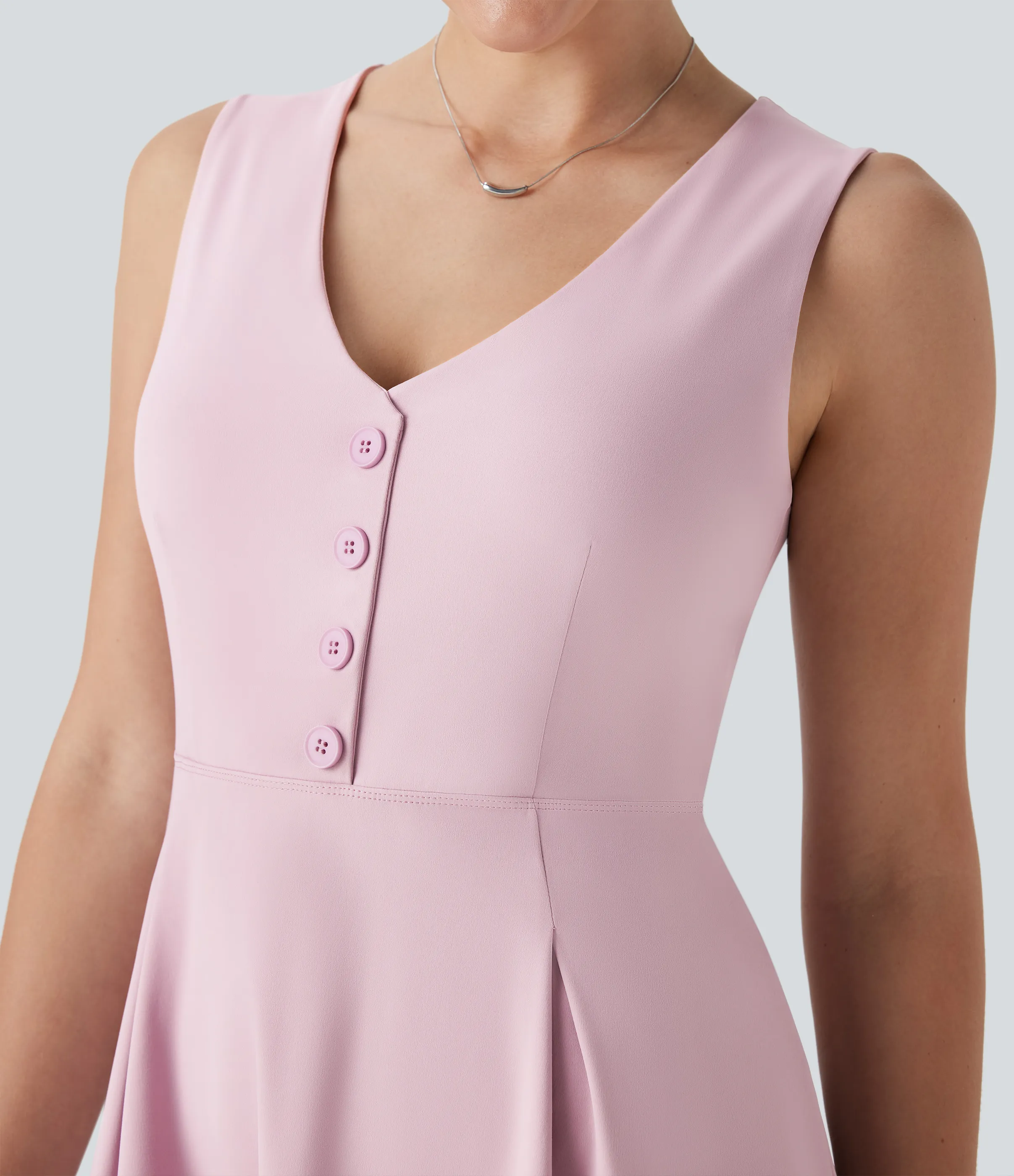 Halara Vestido mini casual de dos piezas con cuello en V sin mangas con botones decorativos y bolsillo - Putty Pink - S sold by Halara product image thumbnail 5