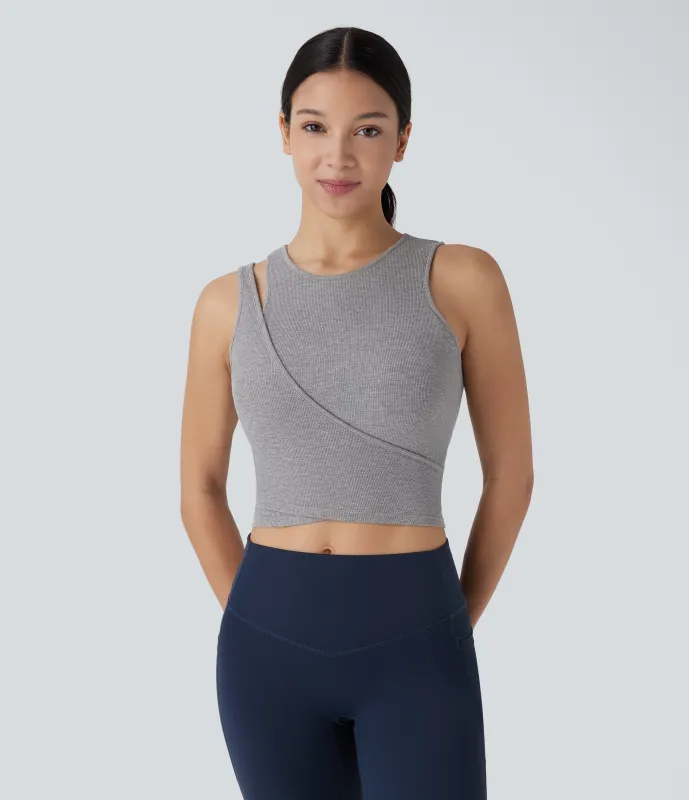 Halara Top de yoga corto de punto acanalado muy elástico y agradable en la piel - Fog Gray - XL sold by Halara