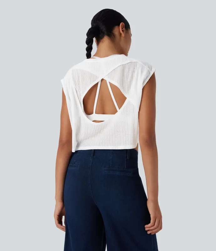 Halara Top casual con cuello redondo y manga corta - White - L sold by Halara