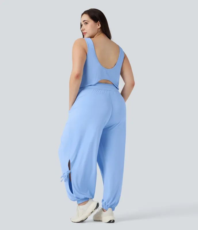 Halara Jumpsuit de yoga de tacto fresco con cordón ajustable y bolsillos de talla grande - UPF 50+ - Sky Blue - 2X(regular) sold by Halara