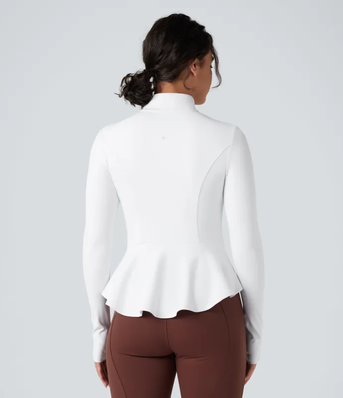 Halara Chaqueta ajustada con cuello alto, cremallera, abertura para el pulgar, dobladillo con volantes y bolsillos - White - XS sold by Halara