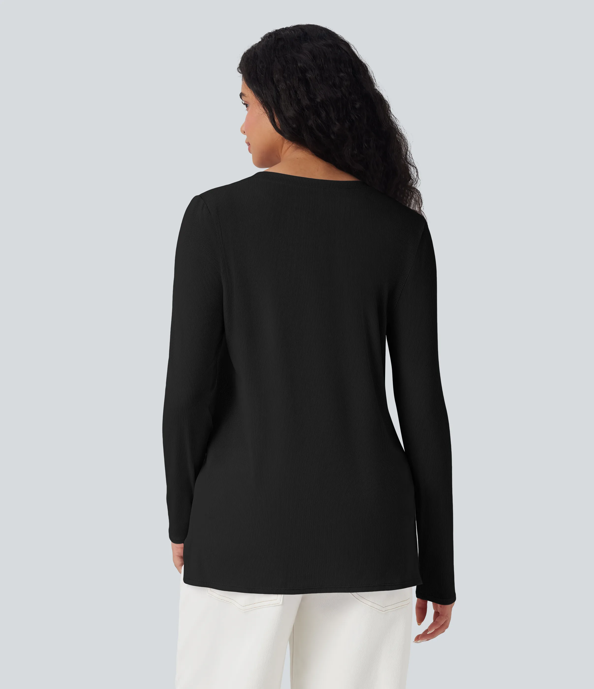 Halara Camiseta casual de punto acanalado con manga larga y dobladillo dividido - Black - XS sold by Halara product image thumbnail 3