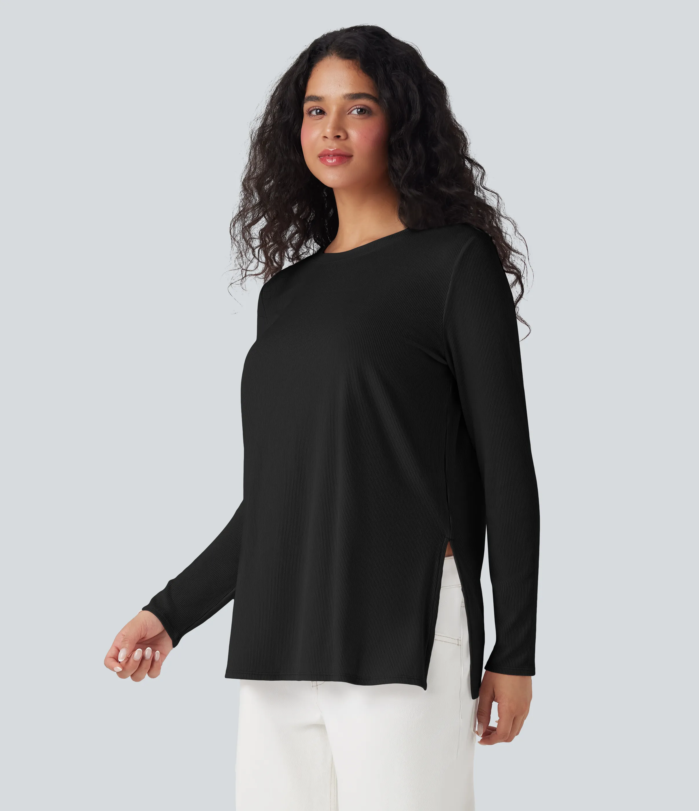 Halara Camiseta casual de punto acanalado con manga larga y dobladillo dividido - Black - XS sold by Halara product image thumbnail 4