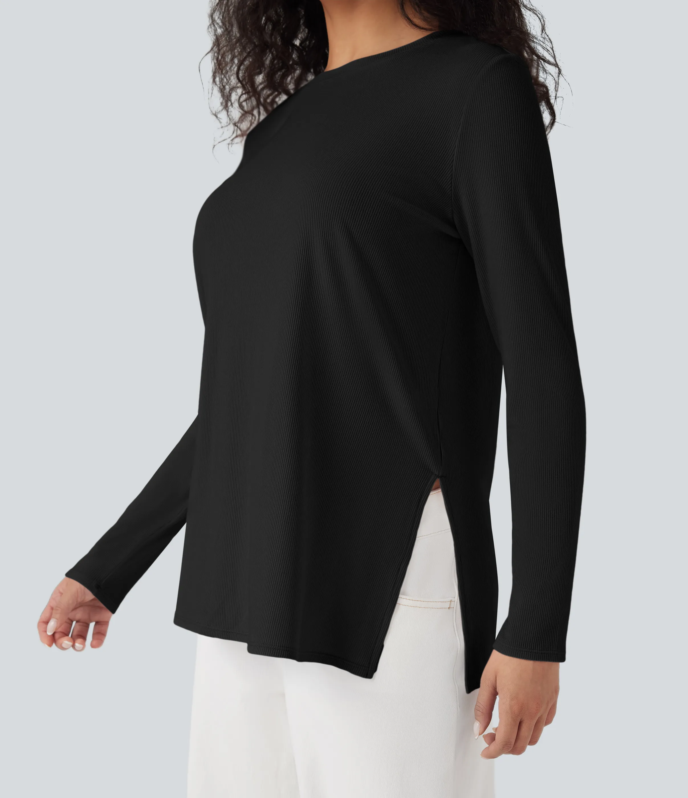 Halara Camiseta casual de punto acanalado con manga larga y dobladillo dividido - Black - XS sold by Halara product image thumbnail 5