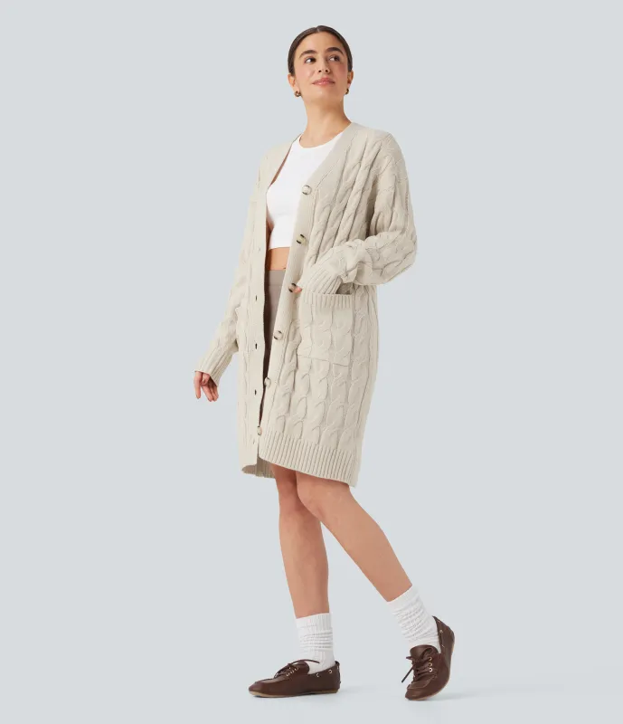 Halara Cárdigan casual de manga larga con cuello en V y bolsillos - Rice Khaki - M sold by Halara