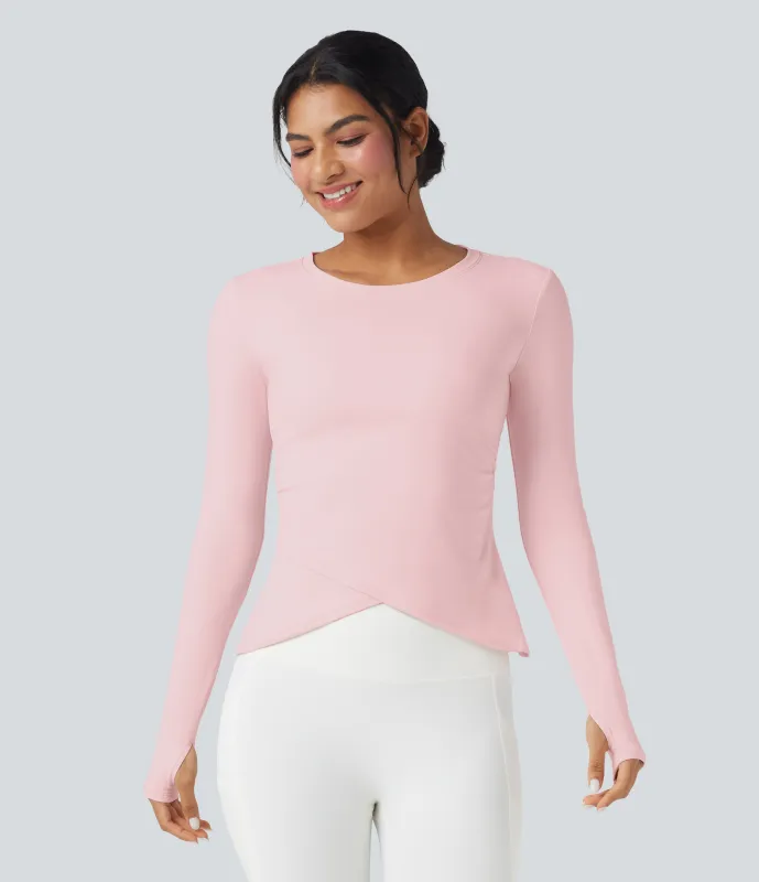 Halara Top deportivo de yoga SoftlyZero™ manga larga afelpada con cuello redondo y aberturas para los pulgares con dobladillo cruzado - Primrose Pink - L sold by Halara