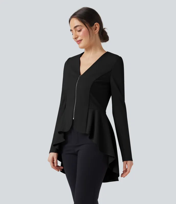 Halara Abrigo de oficina de cuello en V de manga larga con dobladillo fruncido asimétrico - Black - XL sold by Halara