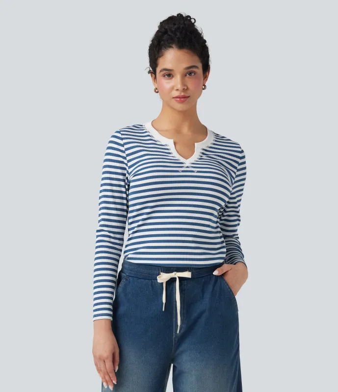 Halara Top casual de rayas de manga larga con solapas - Azure White Horizontal Stripe - M sold by Halara