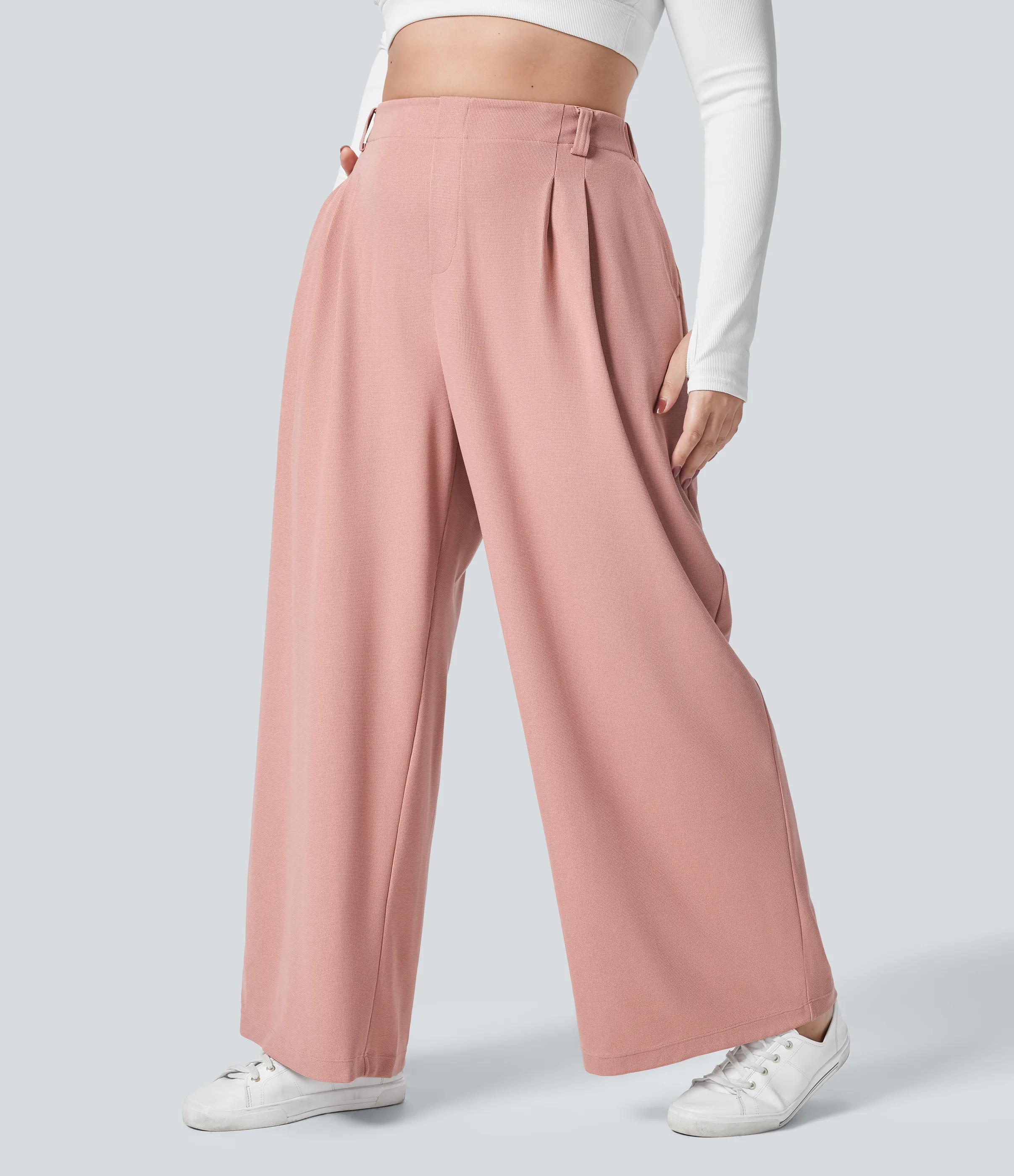 Halara Pantalón Halara Flex™ oficina tiro alto pliegue bolsillo lateral pierna ancha gofre talla grande - Rose Tan - 1X(regular) sold by Halara product image thumbnail 4