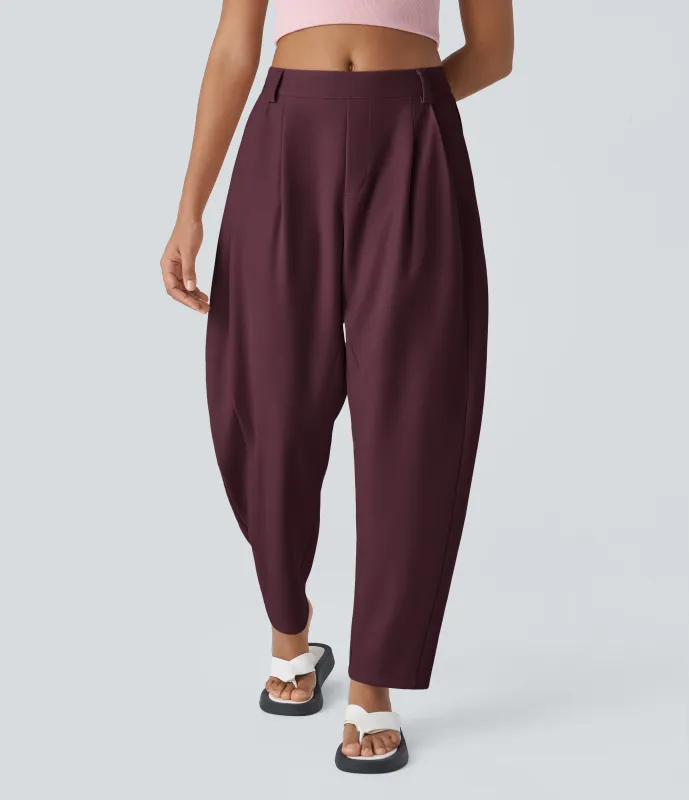 Halara Pantalón oficina pierna barril bolsillo lateral plisado tiro medio - Vineyard Wine - M(petite) sold by Halara