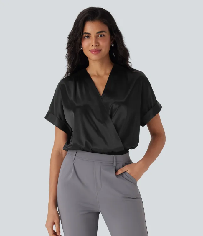 Halara Body de oficina de satén con cuello en V cruzado con mangas murciélago y botones a presión - Black - M sold by Halara