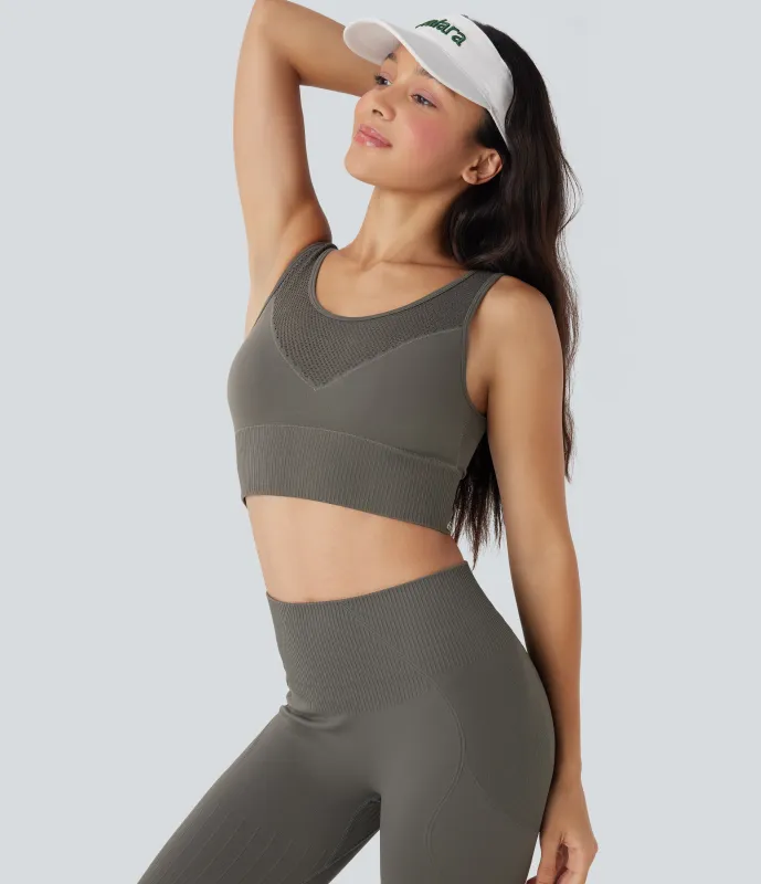 Halara Brasier deportivo Seamless Flow sin costuras de sujeción baja con espalda en U y pretina acanalada en copas A-C - Hidden Blue Gray - M made by Halara