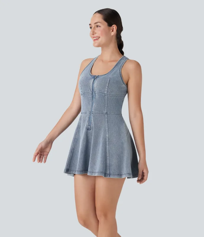 Halara Vestido mini Halara Flex™ Denim mezclilla elástica lavada espalda nadadora sin mangas y media cremallera - Malibu Blue Denim - L made by Halara