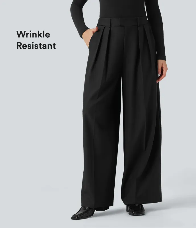 Halara Pantalones de oficina anchos antiarrugas de lino con tiro alto y bolsillos - Black - S(regular) sold by Halara