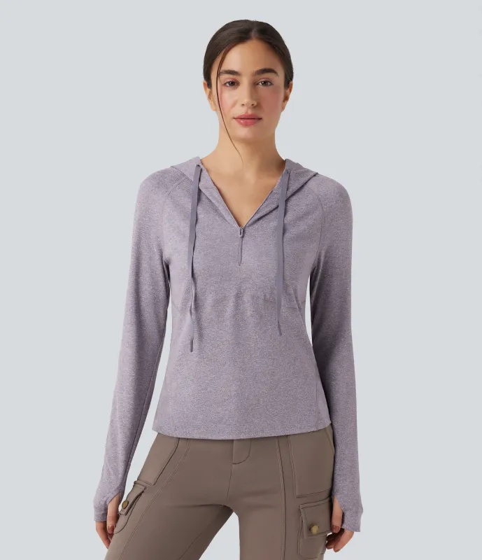 Halara Sudadera deportiva para senderismo con capucha de manga larga con cordón ajustable agujero para el pulgar y bolsillo - Purple Ash Floral Yarn - L sold by Halara