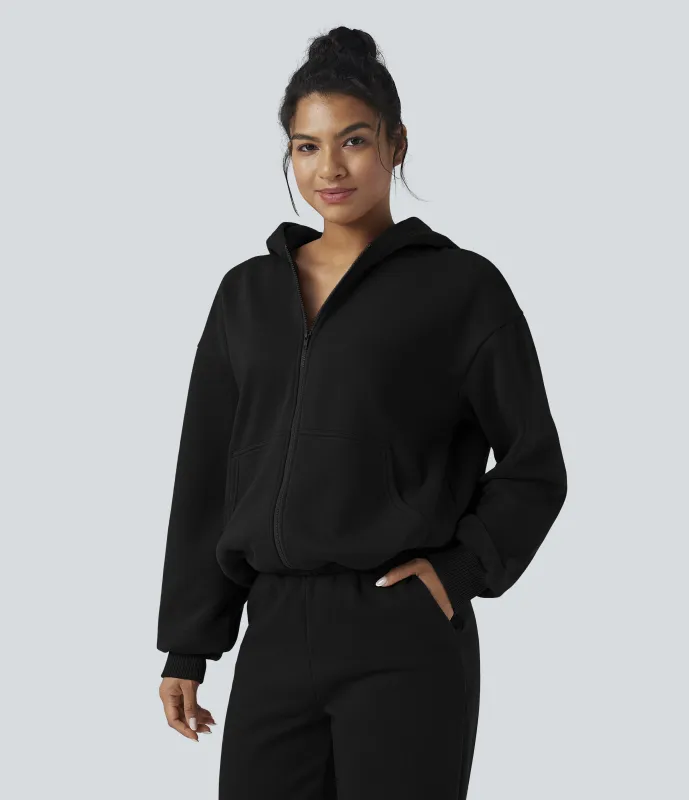 Halara Sudadera casual de polar con capucha, cremallera y bolsillos - Black - L sold by Halara