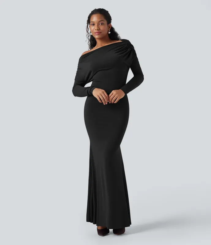 Halara Vestido maxi sirena de manga larga con hombros descubiertos - Black - L sold by Halara