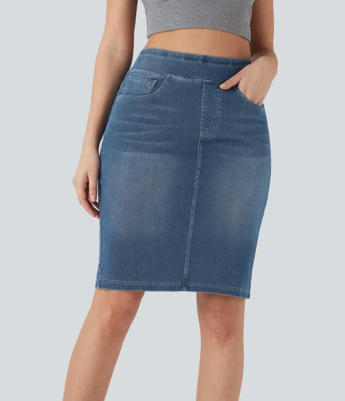 Halara Falda Halara Flex™ Denim mezclilla elástico lavada dividida múltiple bolsillo tiro alto - Frost Blue Denim - S(regular) sold by Halara