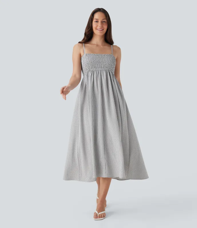 Halara Vestido lencero a rayas para playa con tirantes ajustables, espalda descubierta y fruncido con bolsillos laterales - Light Black White Stripe - XS sold by Halara