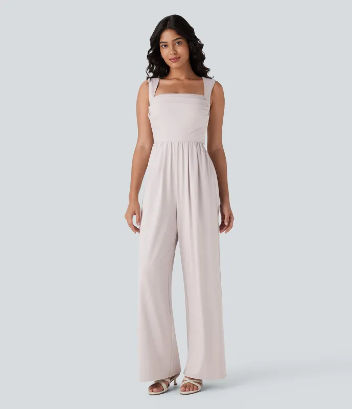 Halara Mono dama honor invitada boda cuello cuadrado sin mangas bolsillo lateral fruncido - Ashes of Roses - XS(regular) made by Halara