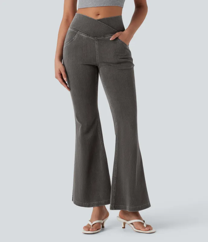 Halara Jeans Halara Flex™ Denim súper acampanado elástico lavados con bolsillo cruzado y tiro alto - Iron Gate Denim - L(petite) sold by Halara