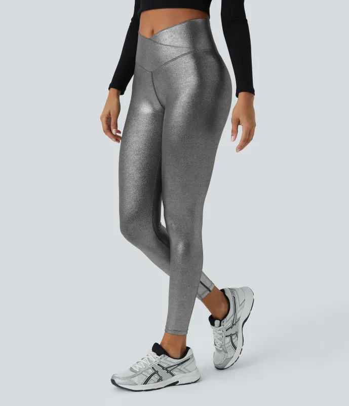 Halara Leggings Softlyzero™ de cuero sintético metalizados ultra elásticos con bolsillos traseros - Shiny Black Silver - XL(7/8) sold by Halara