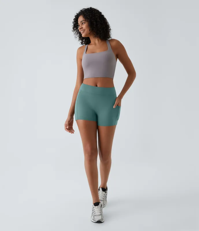 Halara Pantalón corto Softlyzero™ Airy yoga tiro alto bolsillo lateral liso tacto frío 8.8cm - Rock Cyan Blue - S sold by Halara