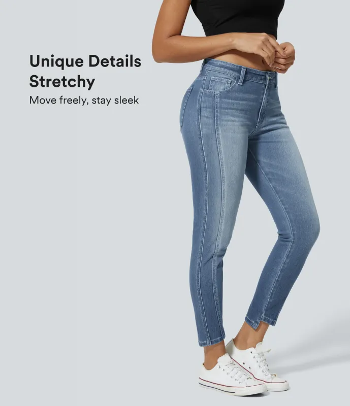 Halara Jeans Halara Flex™ ajustado elástico cremallera botón múltiple bolsillo - Sea Blue Denim - XL(petite) sold by Halara