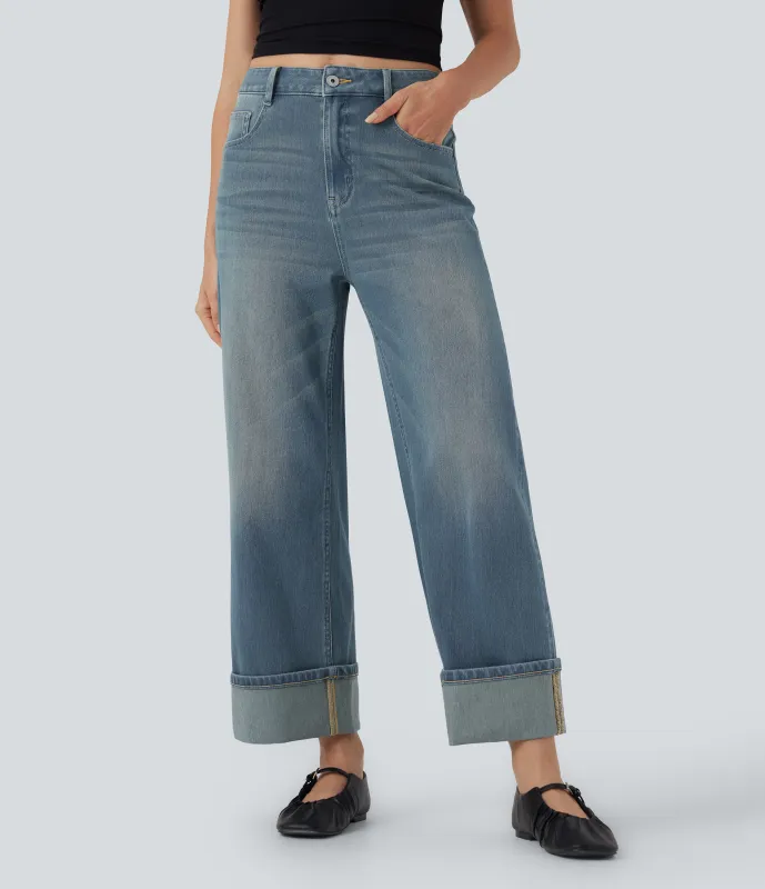 Halara Jeans casuales anchos elásticos Halara Flex™ lavados de tiro alto con varios bolsillos y dobladillo enrollado - Blue Surf Denim - XL(regular) sold by Halara