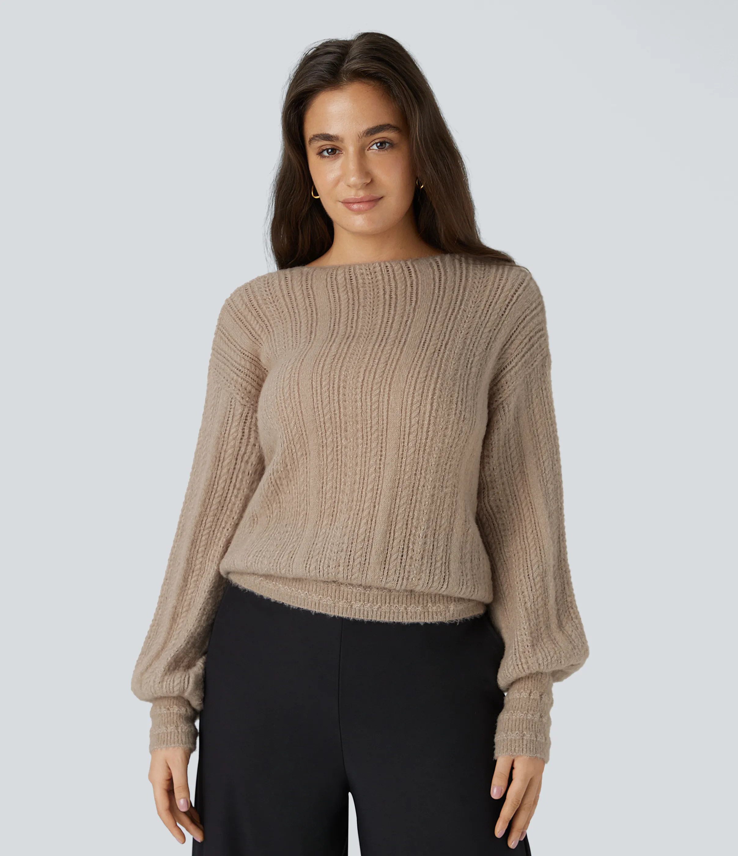 Halara Suéter oficina manga larga cuello V transparente usar delante detrás - Gilded Beige - M sold by Halara product image thumbnail 3