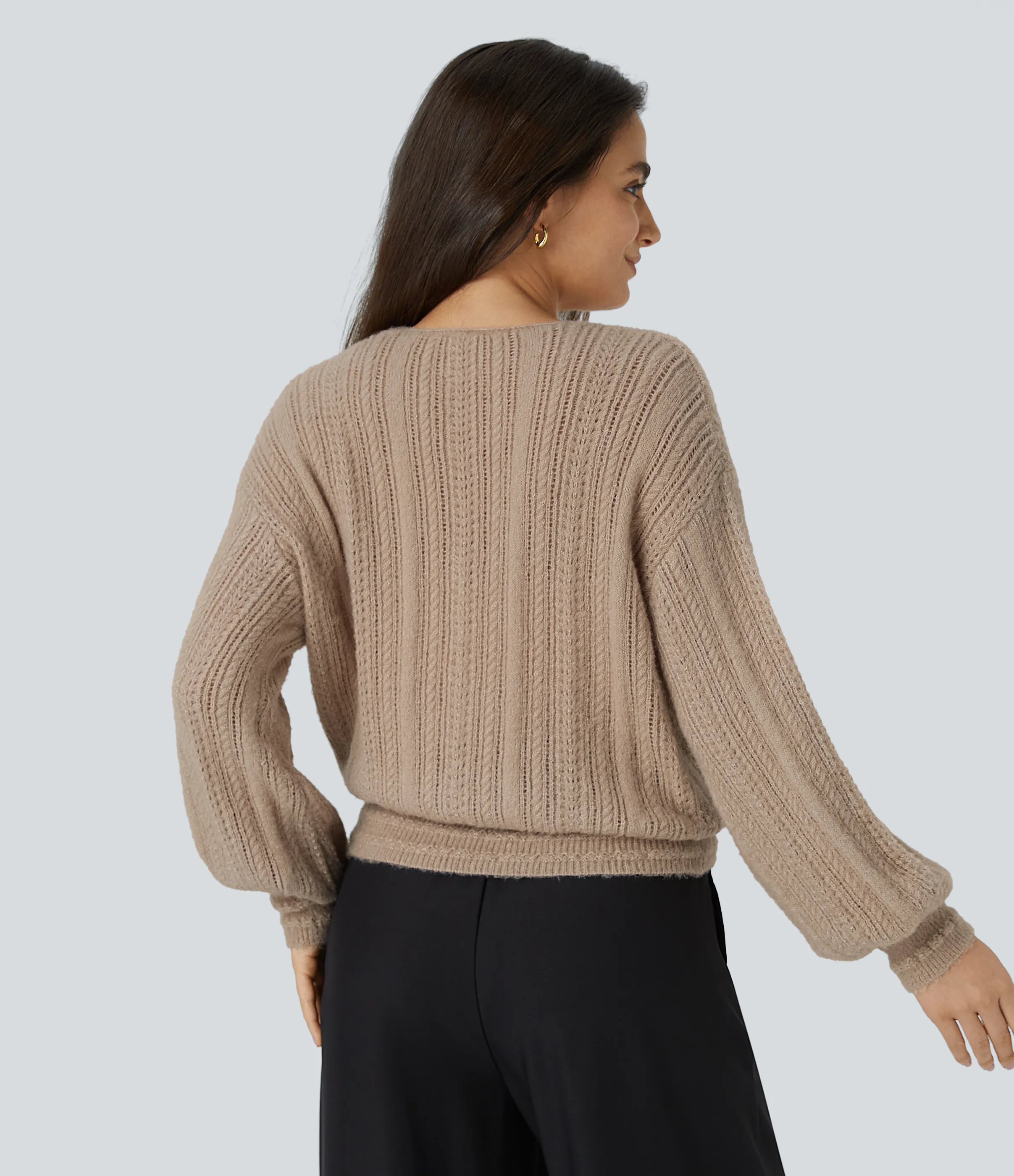 Halara Suéter oficina manga larga cuello V transparente usar delante detrás - Gilded Beige - M sold by Halara product image thumbnail 4