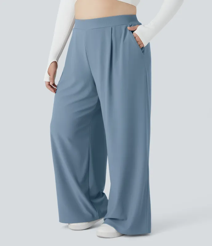 Halara Pantalón Halara Flex™ oficina tiro alto control abdomen adelgazan tiro bolsillo lateral pierna ancha microgofre talla grande - Mountain Spring - 1X(regular) made by Halara