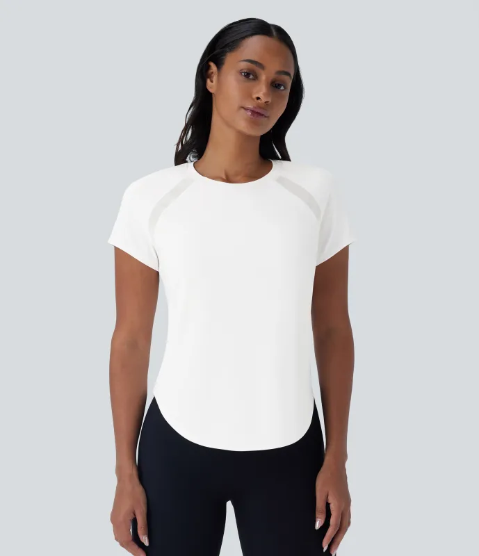 Halara Camiseta Softlyzero™ QuickDry deportiva correr secado rápido cuello redondo manga corta malla contrastante dobladillo curvo - White - S sold by Halara