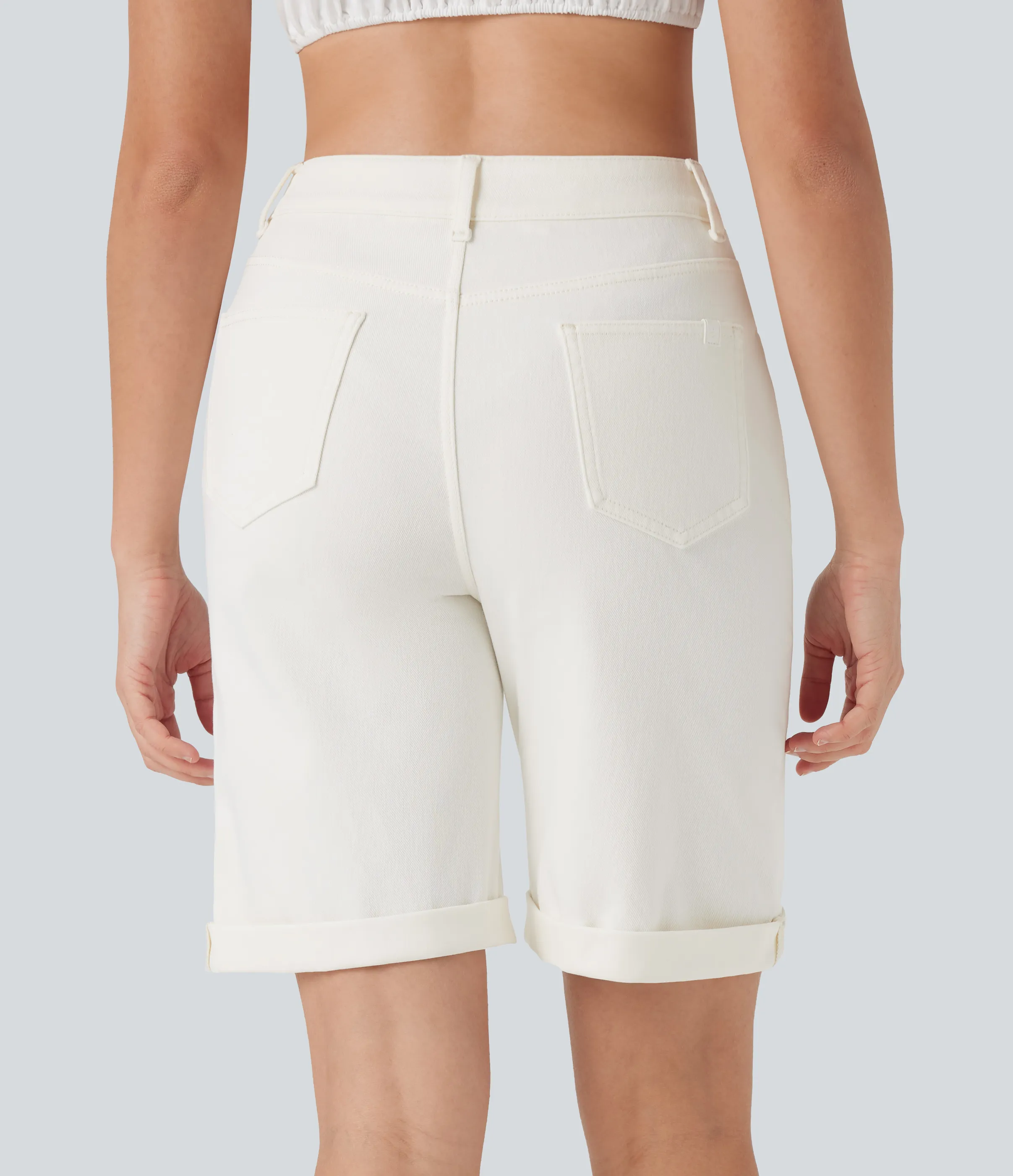 Halara Bermudas Halara Flex™ Denim mezclilla elástico lavado dobladillo enrollado múltiple bolsillo tiro alto - Bright White Denim - M(regular) sold by Halara product image thumbnail 3