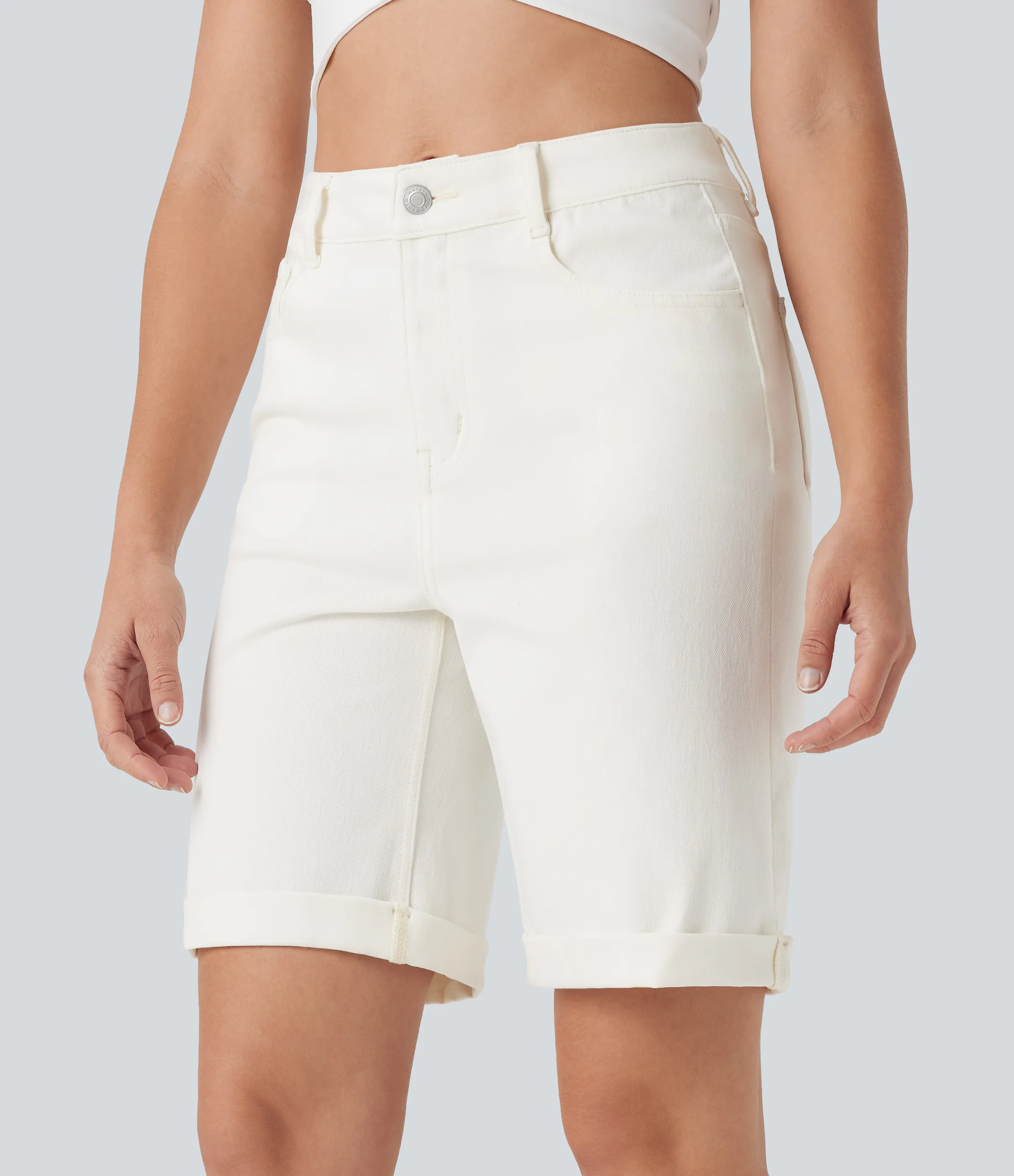 Halara Bermudas Halara Flex™ Denim mezclilla elástico lavado dobladillo enrollado múltiple bolsillo tiro alto - Bright White Denim - M(regular) sold by Halara product image thumbnail 4