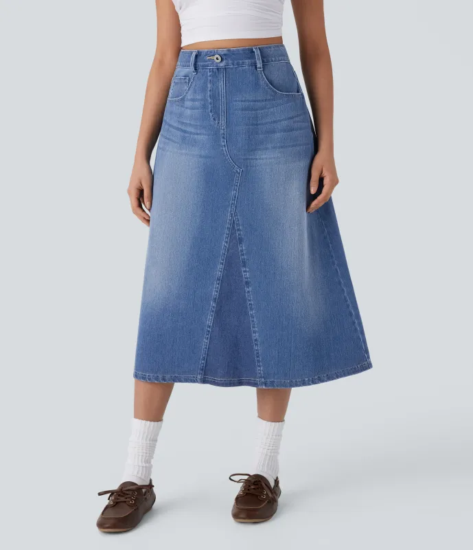 Halara Falda Halara Flex™ Denim corte A tiro alto múltiple bolsillo lavado media pierna elástico - Sea Blue Denim - M(regular) sold by Halara