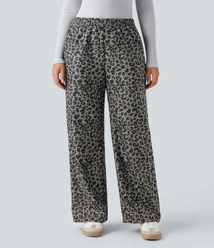 Halara Pantalones holgados casuales de pana con estampado de leopardo y tiro alto con bolsillos - Sage Leopard - L(tall) sold by Halara