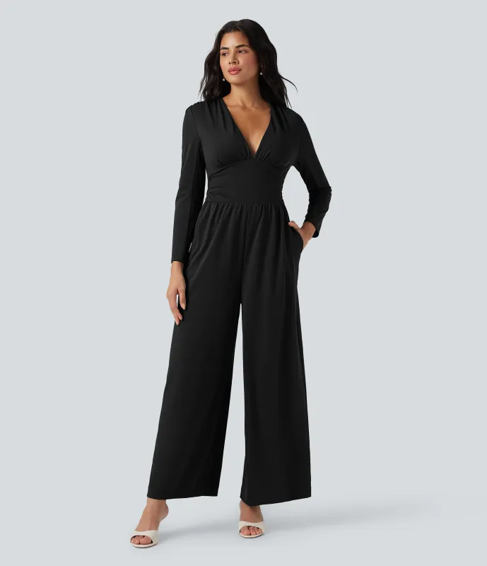 Halara Jumpsuit fruncido de manga larga con cuello en V y bolsillos - Edición Easy Peezy - Black - XS(regular) sold by Halara
